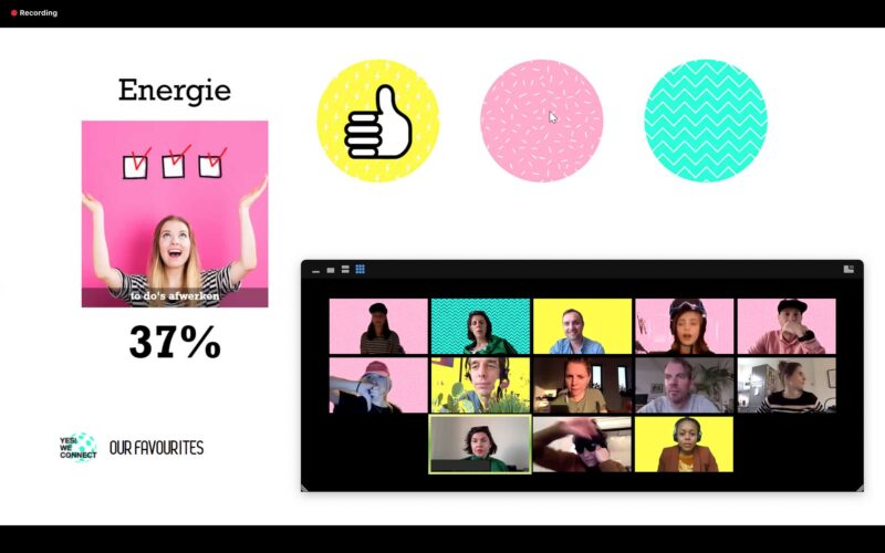 Online dashboard met veel kleur en uitslag van polls die bekeken worden met medewerkers in beeld op online platform Yes! We Connect - Event Inspiration