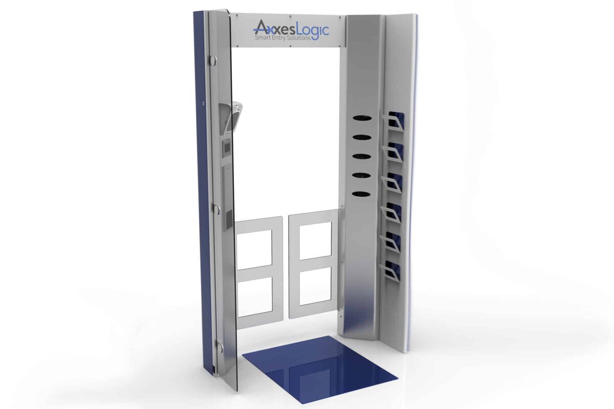 Axxeslogic toegangspoort coronaproof met een thermische camera met touch screen display, QR reader, infrarood dispenser met desinfectiemiddel, uitgifte van mondkapjes en handschoenen, automatische deuren en een antibacteriële vloermat