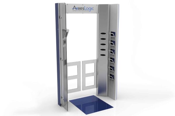 Axxeslogic toegangspoort coronaproof met een thermische camera met touch screen display, QR reader, infrarood dispenser met desinfectiemiddel, uitgifte van mondkapjes en handschoenen, automatische deuren en een antibacteriële vloermat