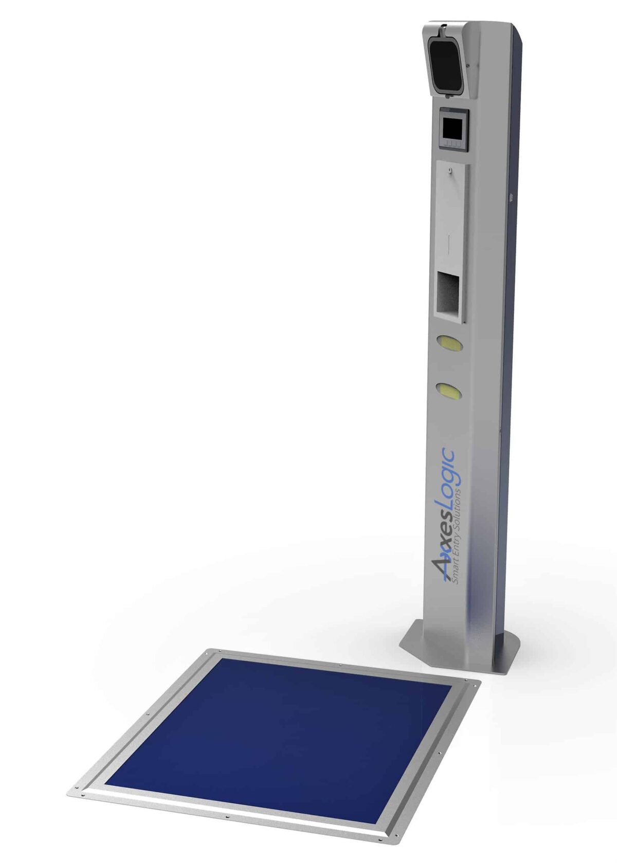 Axxeslogic zuil voor coronaproof entree met Axxeslogic toegangspoort coronaproof met een thermische camera met touch screen display, QR reader, infrarood dispenser met desinfectiemiddel, uitgifte van mondkapjes en handschoenen, automatische deuren en een antibacteriële vloermat