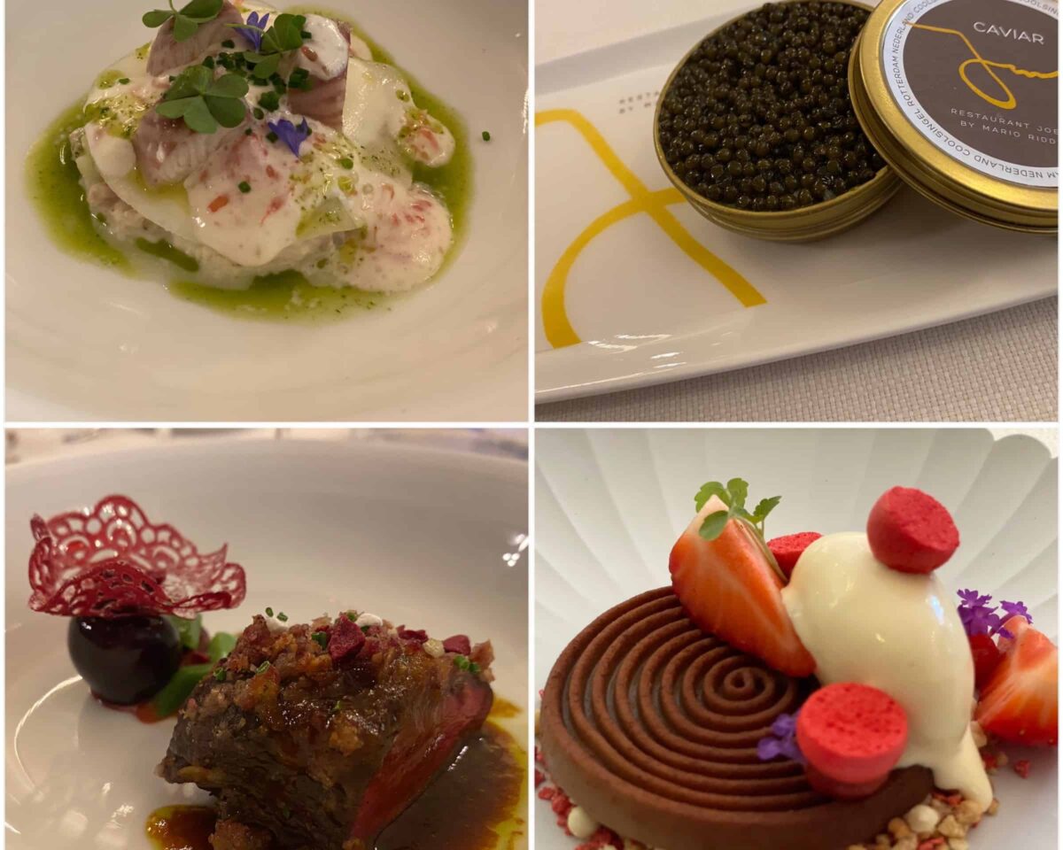 Gerechten tijdens Chefs table on board diner met 6 Michelinsterren bij Blue Raphsody