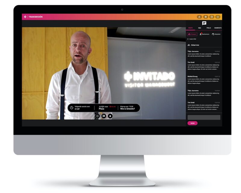 Transmisión Livestreams presentator op scherm in sessie