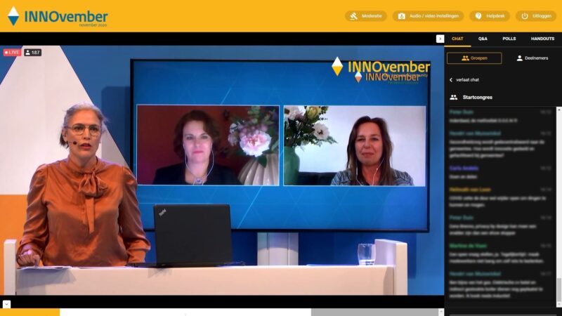 INNOvember livestream met twee vrouwen op beeld en een presentatrice (Beeld: Invitado)