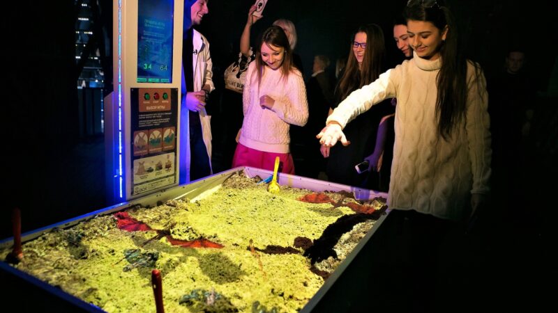 Mensen die spelen met schaduwen op interactieve zandbak met projecties