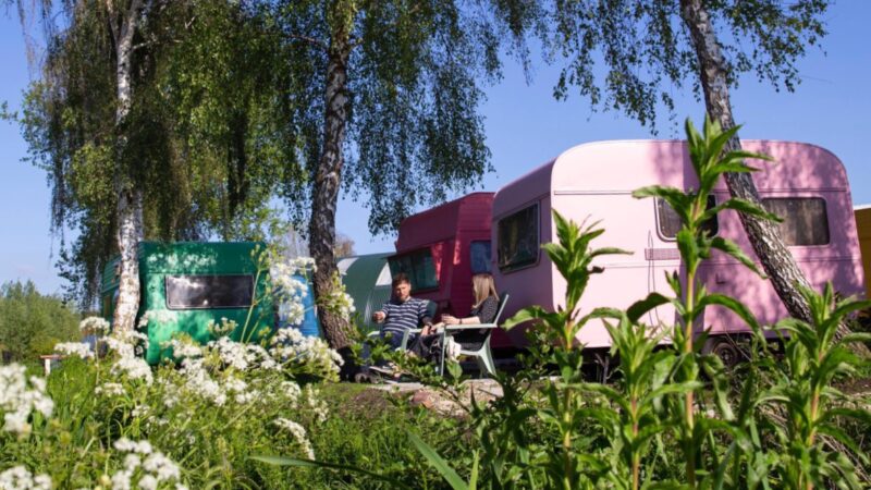 Tuinhotel Tralala gekleurde caravans tussen de bloemen